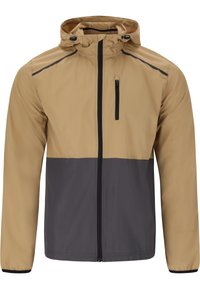 Leichte Jacke mit einem beigefarbenen oberen und einem dunkelgrauen unteren Abschnitt. Verfügt über einen Reißverschluss vorne, eine verstellbare Kapuze und eine mit Reißverschluss verschließbare Brusttasche.