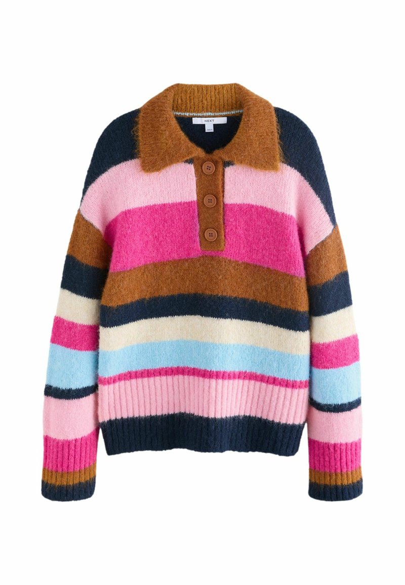 Chunky strikket sweater med multicolor striber i pink, blå, brun og marineblå. Har en krave og tre brune knapper foran.