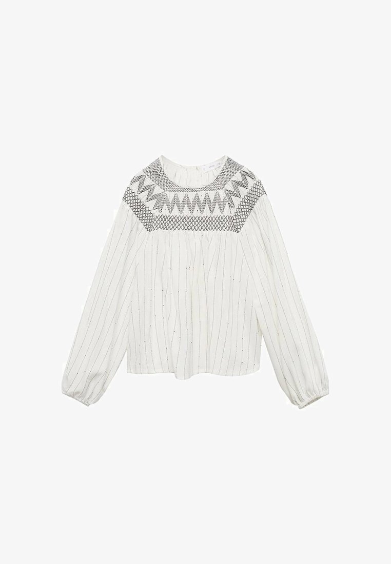 Camicia bianca a maniche lunghe, con un colletto ricamato testurizzato in nero. Motivo a righe con piccoli dettagli decorativi.