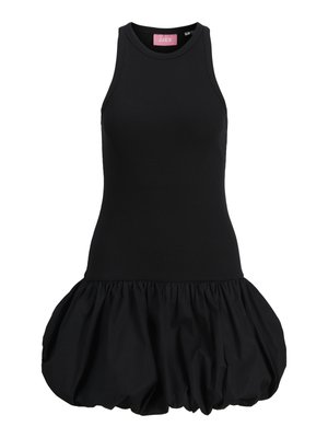 Vestido preto sem mangas com um corpo justo em malha canelada e uma saia volumosa em camadas feita de um tecido leve, apresentando uma cintura elástica.