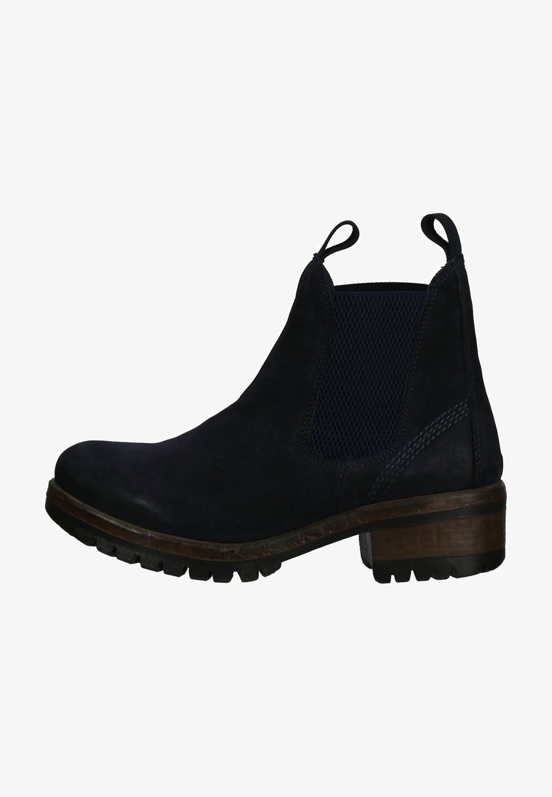 Stivale alla caviglia in suede blu navy con pannelli elastici laterali, linguette e suola in gomma texture. Il tacco in legno aggiunge un contrasto distintivo.