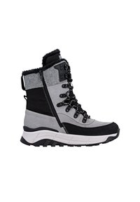 Gray and black winter boots with a textured upper, plush lining, lace-up front, and a thick, rugged sole for traction.