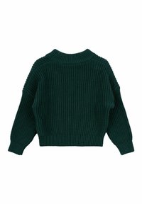 Sötétzöld kötött pulóver, bordás textúrával, magas gallérral és ejtett vállakkal, hosszú ujjal és rövidített fazonnal.