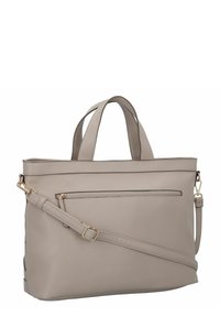 Beige Handtasche aus Kunstleder mit zwei oberen Griffen und einem abnehmbaren Schultergurt. Verfügt über eine vordere Reißverschlusstasche und ein schlankes Design.