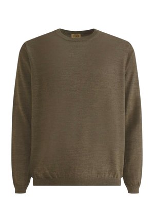 Maglione marrone a maniche lunghe con collo rotondo, polsini e orlo a costine, mostrato su sfondo bianco.