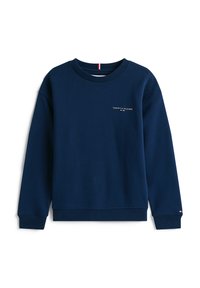 Navyblauwe sweatshirt met ribgebreide boorden en zoom, met een klein wit "Tommy Hilfiger" logo op de borst. Gemaakt van zachte stof.