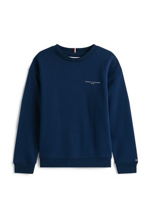 Mörkblå sweatshirt med ribbad mudd och nederkant, prydd med en liten vit "Tommy Hilfiger"-logga på bröstet. Tillverkad av mjukt tyg.