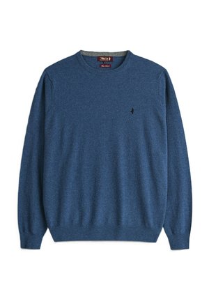 Maglione blu a girocollo in morbido tessuto a maglia. Presenta polsini e orlo a costine, con un piccolo logo ricamato sul petto.