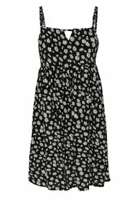 Černé šaty s bílým potiskem sedmikrásky, na tenké ramínka, s výstřihem ve tvaru klíče a nařaseným pasem, s volnou, širokou sukní.