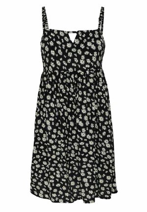 Robe noire avec imprimé marguerite blanche, bretelles spaghetti, encolure à découpe et taille froncée, avec une jupe ample et légère.