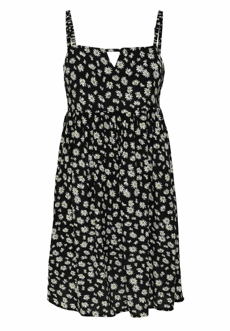 Černé šaty s bílým potiskem sedmikrásky, na tenké ramínka, s výstřihem ve tvaru klíče a nařaseným pasem, s volnou, širokou sukní.