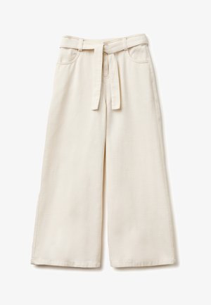 High-waist wide-leg cream pants with front pockets and fabric belt tied at the waist, displayed on a white background.