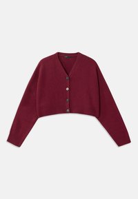 Burgundowa, krótka dzianinowa kardigan z dekoltem V, pięcioma guzikami i prążkowanymi mankietami. Miękka tekstura, luźny krój i opadające ramiona.