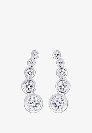 Cercei de argint cu un design în trepte din cristale clare, rotunde, de diferite dimensiuni, așezate în ramă metalică circulară.