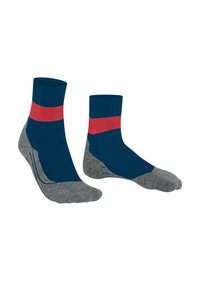 Blaue und graue Kniesocken mit einem roten Streifen. Sie verfügen über eine glatte Textur sowie einen verstärkten Fersen- und Zehenbereich für Langlebigkeit.