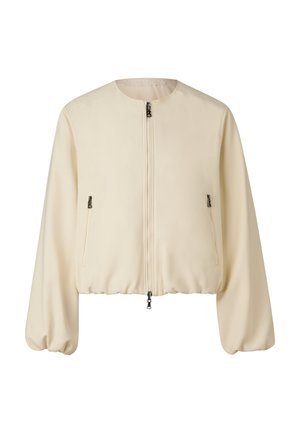 Krótka kurtka bomberka z tkaniny w kolorze ecru, z długimi bufkowatymi rękawami, zamkiem błyskawicznym z przodu oraz dwoma bocznymi kieszeniami na zamek.
