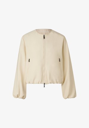Krótka kurtka bomberka z tkaniny w kolorze ecru, z długimi bufkowatymi rękawami, zamkiem błyskawicznym z przodu oraz dwoma bocznymi kieszeniami na zamek.