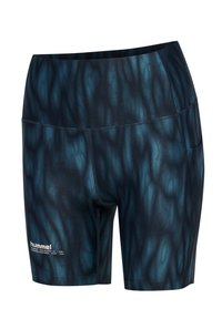 Blå sportshorts med mönster och slät textur, elastisk midjeresår och sidoficka. Har "hummel"-logotypen på framsidans nedre del.