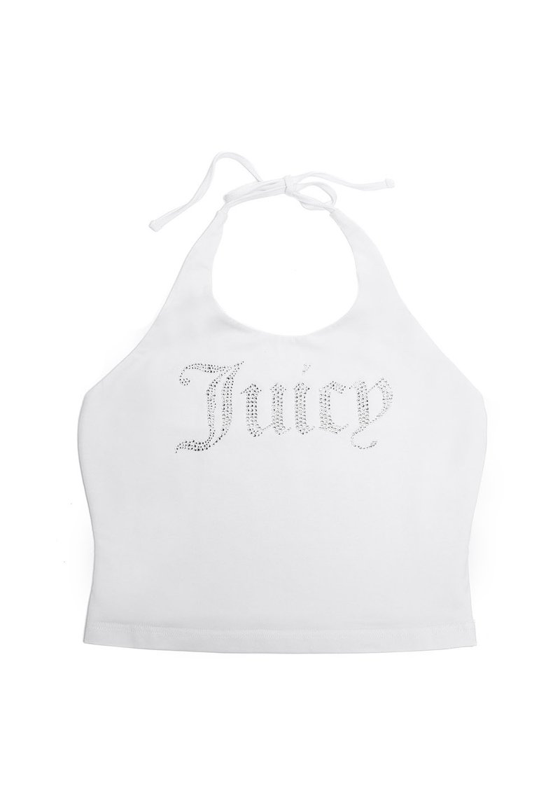 Top corto bianco con scollo all'americana realizzato in tessuto, caratterizzato da decorazioni in strass che formano la scritta "Juicy". Spalline regolabili. Texture liscia.