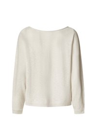 Maglione a maniche lunghe color crema con vestibilità rilassata, scollatura ampia e polsini a coste. Tessuto morbido e materiale lavorato a maglia leggero.