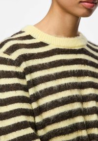Brown and cream striped sweater with a round neckline, soft texture, and a slightly fuzzy appearance. Visible ribbed collar detail.