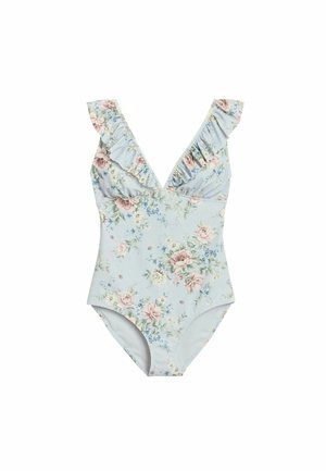 Jasnoniebieski jednoczęściowy strój kąpielowy w różowy i biały wzór kwiatowy z falbankami na ramionach.