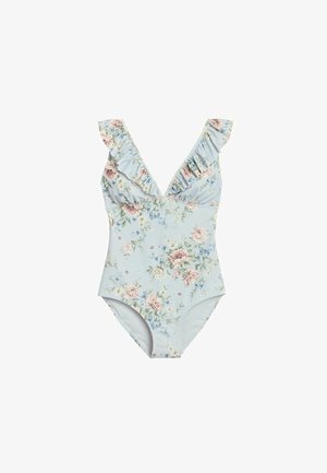 Lichtblauw eendelig badpak met roze en witte bloemenprint en geruffleerde schouderbandjes.