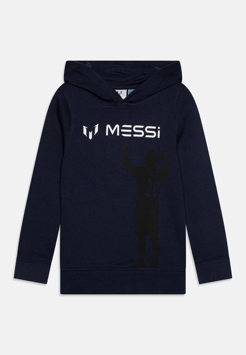 Un sweat à capuche bleu marine avec un graphique sur le devant portant le texte "MESSi" et une silhouette noire d'un joueur levant les mains, fabriqué en matériau doux.