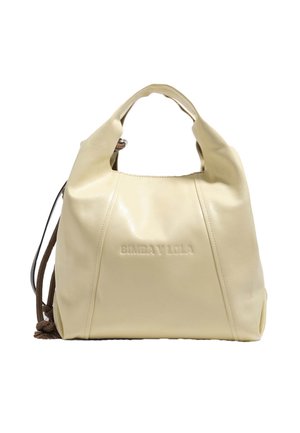 Bolso de cuero color crema con asas cortas, nombre de la marca "BIMBA Y LOLA" en relieve y detalle marrón con cordón en el lateral.