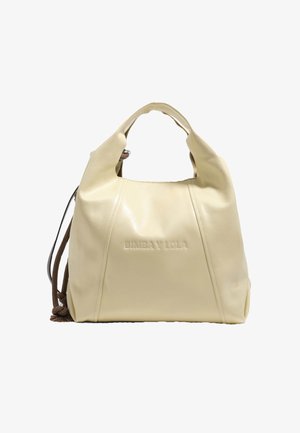 Kreemika värvi nahast käekott lühikeste käepidemetega, reljeefse brändinimega "BIMBA Y LOLA" ja pruunide paeladega detail külje peal.