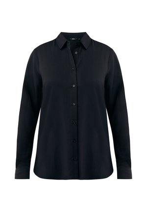 Schwarzhemd mit Knopfleiste aus glattem Stoff, ausgestattet mit einem klassischen Kragen, langen Ärmeln und einem geraden Saum mit subtiler glänzender Oberfläche.