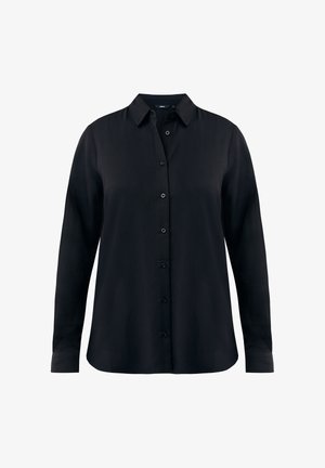 Camicia nera button-up realizzata in tessuto liscio, con colletto classico, maniche lunghe e orlo dritto con un leggero lucido.