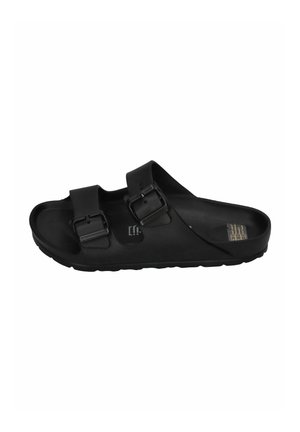 Black open-toe slide sandal with two adjustable buckle straps and textured sole for casual wear.