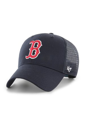Navy baseball cap with a red embroidered "B" on the front, mesh back, and curved visor. Features "47" tag on the side.