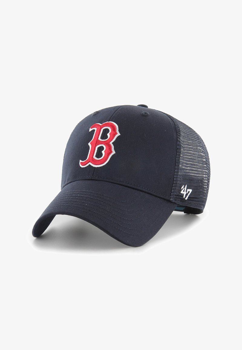 Navy baseball cap with a red embroidered "B" on the front, mesh back, and curved visor. Features "47" tag on the side.
