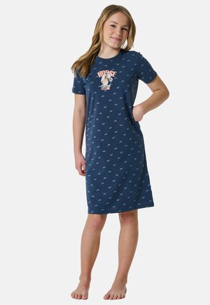 Camicione da notte in cotone blu navy con maniche corte, caratterizzato da una grafica di cavallo e piccoli motivi di cavalli blu. Design dritto e lunghezza fino al ginocchio.