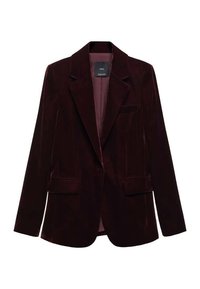 Blazer en velours bordeaux avec un col cranté, deux poches avant et une fermeture à un bouton. Texture lisse et doublure intérieure.