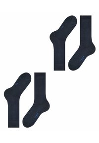 Calzini in cotone blu navy con bordi a costine, texture liscia e logo azzurro sui lati. Coppia di calzini sinistro e destro esposti.