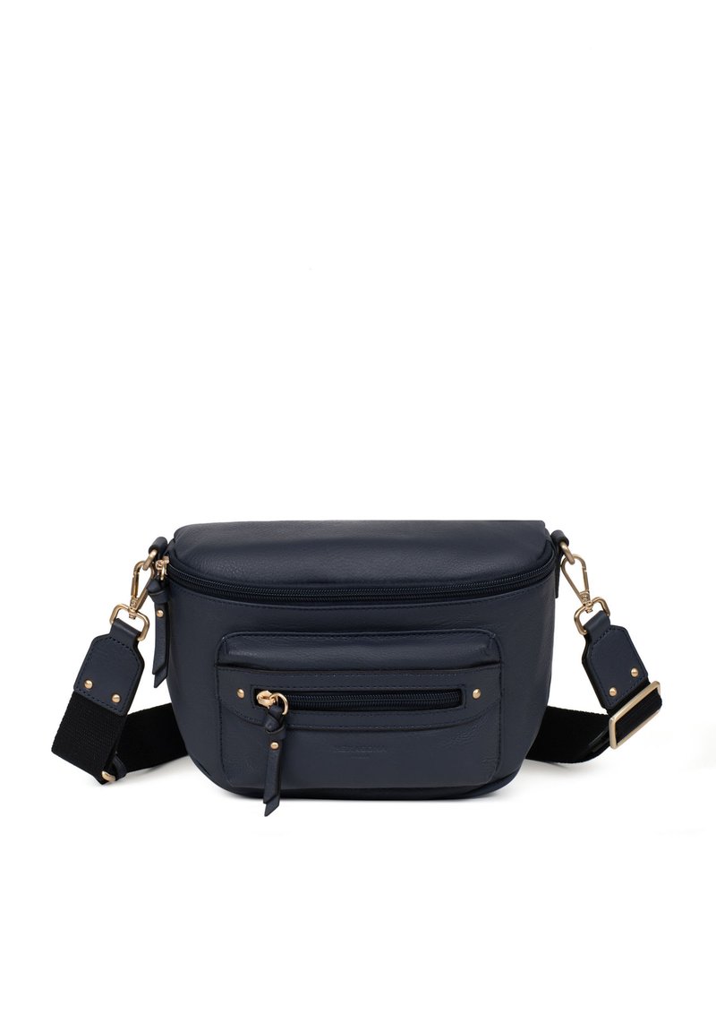 Borsa a tracolla in pelle blu navy con hardware dorato, chiusura con zip, tasca frontale e tracolla regolabile con una sezione in tessuto.