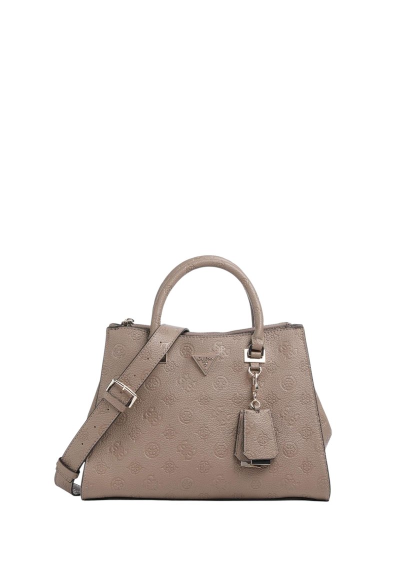 Bolso de mano de textura beige con forma estructurada, asas dobles y una correa de hombro desmontable. Cuenta con un charm con el logo y patrones en relieve.