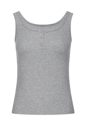 Mouwloze grijze geribde tanktop met ronde hals en drie kleine knoopjes middenvoor.