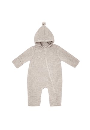 Soft gray one-piece baby suit with long sleeves, hood with pompom, and diagonal zipper closure on white background.