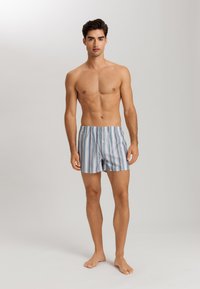 Boxer da uomo a righe in blu chiaro, bianco e tonalità pastello. Tessuto morbido, vita elastica e dettaglio con bottone frontale.