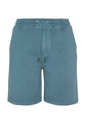 Pantaloncini casual blu con elastico in vita, coulisse regolabile e tasche laterali, mostrati frontalmente su sfondo bianco.