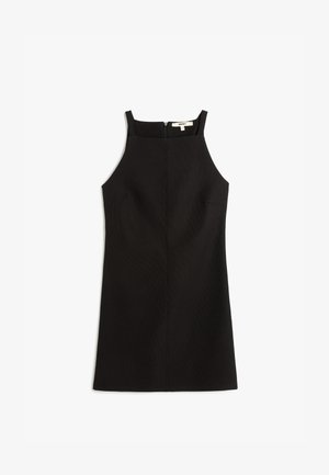 Robe noire sans manches avec une coupe ajustée, texture côtelée et deux poches latérales. Dispose d'une fermeture éclair au dos et de bretelles larges.