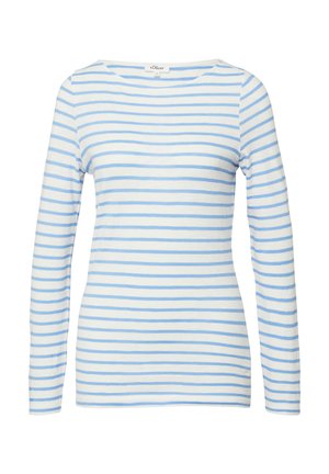 Biała koszula z długim rękawem w jasnoniebieskie poziome paski, o okrągłym dekolcie, rozmiar 36, marka s.Oliver.