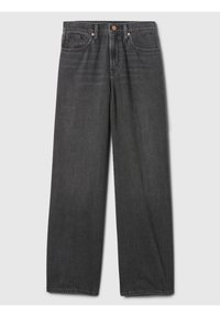 Jean large gris foncé en denim avec une texture lisse. Comprend cinq poches et des boutons de ton cuivre. L'ourlet est droit.