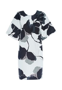 Abito a maniche corte con motivo floreale blu scuro e grigio su sfondo chiaro; realizzato in tessuto leggero con una vestibilità rilassata.