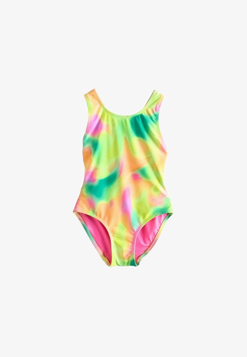 Costume intero per bambini con fantasia tie-dye multicolore in verde, giallo, rosa e arancione su sfondo bianco.