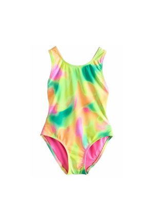 Maillot de bain une pièce, motif tie-dye multicolore dans des teintes de vert, rose, orange et jaune ; présente un col en scoop et des jambes échancrées.